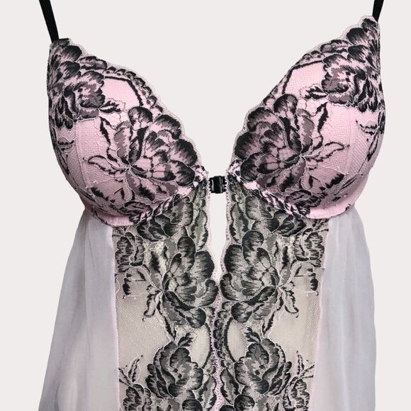 La Senza Light Pink Mesh & Black Lace Sheer Baby Doll Size Medium - Picture 3 of 10